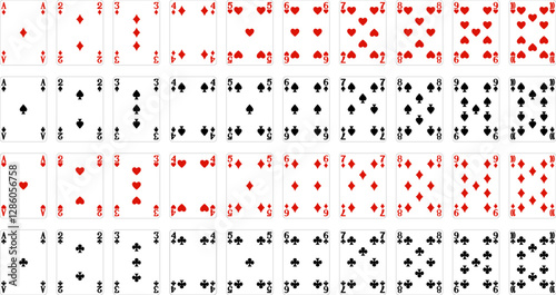 Number cards designs from a new original deck of playing cards. Four pip left handed version with identifier in all four corners.