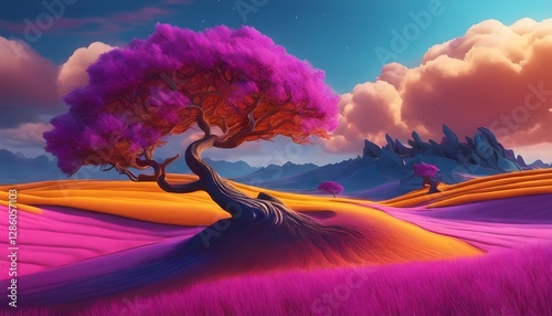 Neon Dreams: Fantasy Tree in Sunset Desert