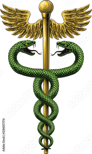 Caduceus staff of Hermes medical or commerce symbol. Snakes around a winged rod. Often used in place of the rod of Asclepius doctor icon for medicine and health care. Vintage woodcut etching style.