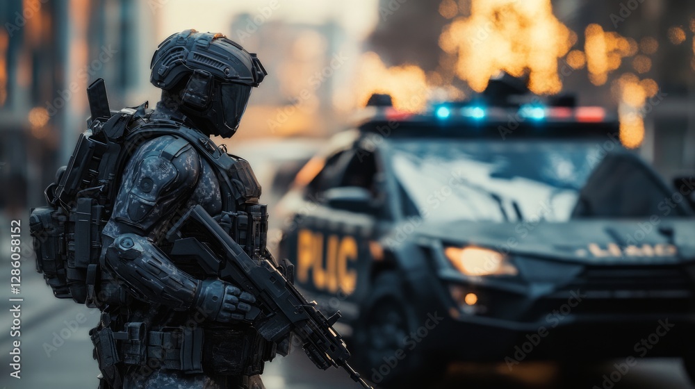Futuristic Officer With Full Tactical Gear Next To Police Car On City Street. Ensuring Law, Order And Safety. Futuristic Officer With Full Tactical Gear Next To Police Car On City Street. Ensuring Law, Order And Safety.