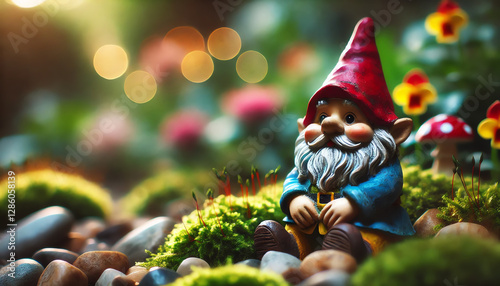 A colorful garden gnome figurine. The gnome has a red pointed hat, a blue coat, a yellow shirt, and a gray beard