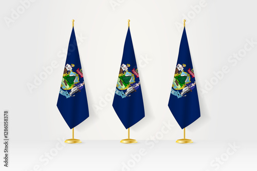 Three Maine flags in a row on a golden stand, illustration of press conference and other meetings.