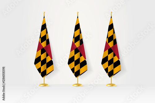 Three Maryland flags in a row on a golden stand, illustration of press conference and other meetings.