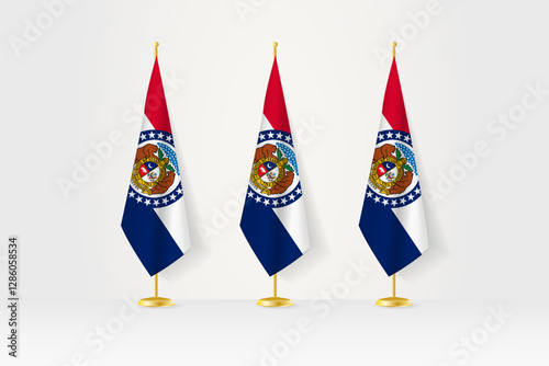 Three Missouri flags in a row on a golden stand, illustration of press conference and other meetings.