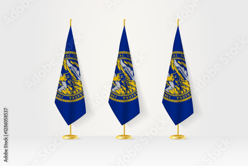 Three Nebraska flags in a row on a golden stand, illustration of press conference and other meetings.