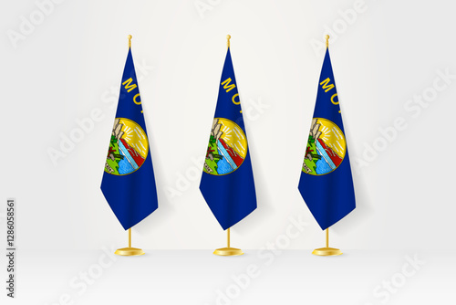 Three Montana flags in a row on a golden stand, illustration of press conference and other meetings.