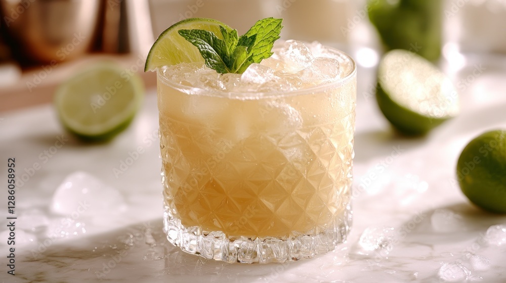 Fototapeta premium Festive cocktail, iced, with lime and mint, bar counter backdrop