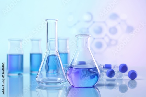 Science lab experiment showcases colorful liquids in beakers under soft lighting with molecular structure backdrop. Generative AI