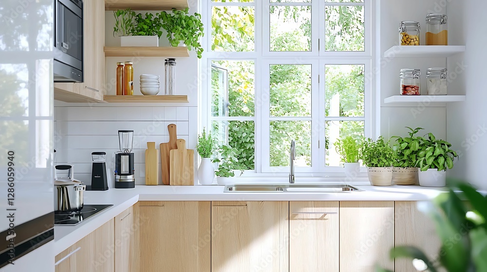 Fototapeta premium healthy eating superfoods weight management Modern kitchen with plants and natural light
