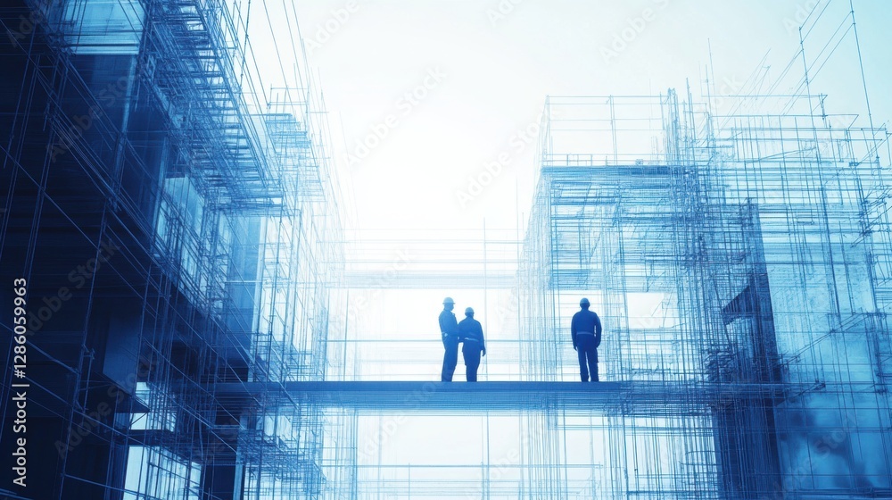 Fototapeta premium Silhouette of Workers on Industrial Scaffold with Blueprint Design