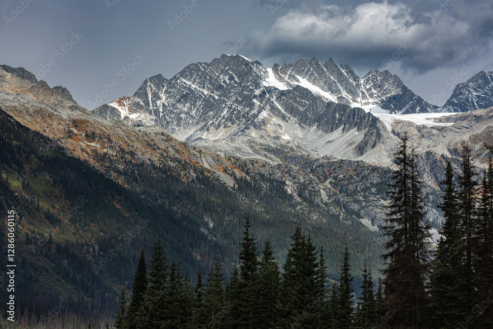 Snow Covered Canadian Mountain Landscape. Mountain Range between Jasper and Banff National Parks Snow Covered Canadian Mountain Landscape. Mountain Range between Jasper and Banff National Parks