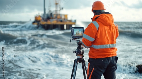 Environmental Engineer Monitors Offshore Platform from Ocean Shoreline