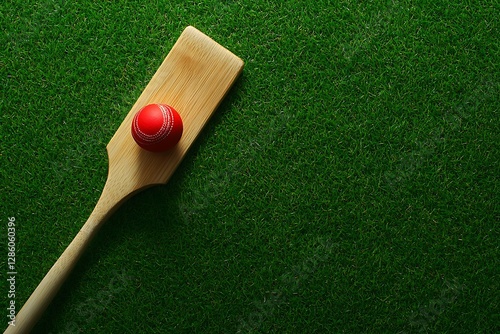 Cricket ball resting on a wooden bat on green grass