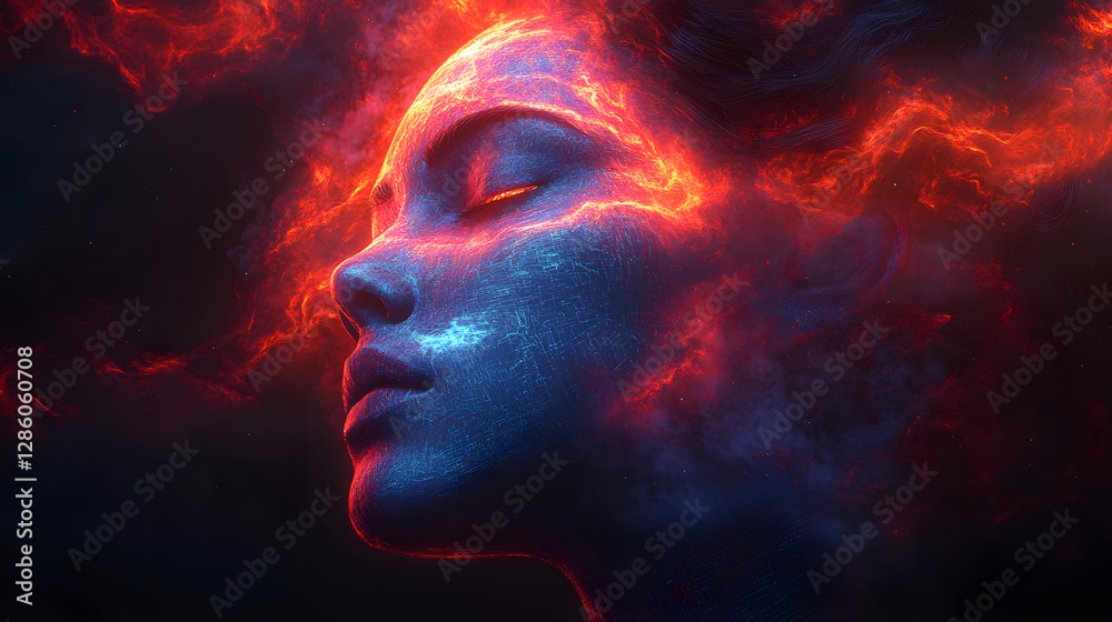 Fototapeta premium Inner Fire: A serene woman's face is framed by ethereal, fiery energy, symbolizing intense emotion, thought, or inner strength.