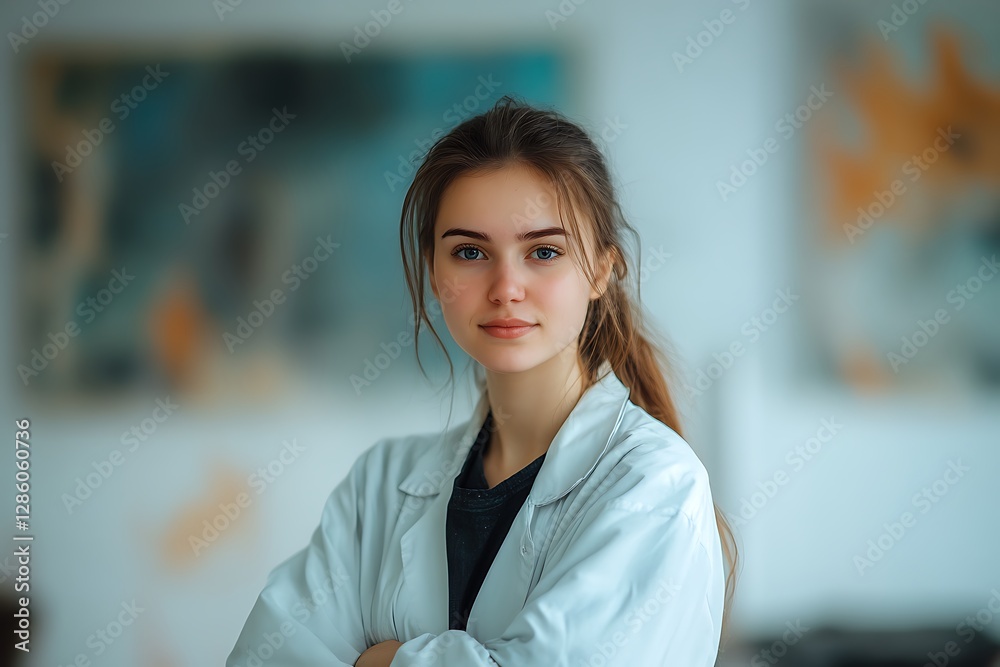 Fototapeta premium Confident Female Scientist in White Coat and Glasses Leading Team in High-Tech Medical Laboratory
