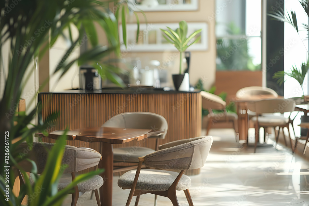 Fototapeta premium Modern caf? interior with wooden furniture, plants, and soft lighting creating a cozy atmosphere