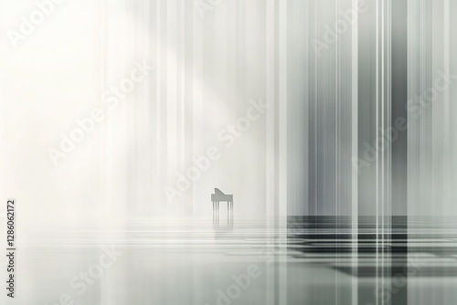 Minimalist surreal scene with a grand piano in an ethereal misty space, surrounded by abstract vertical light beams photo