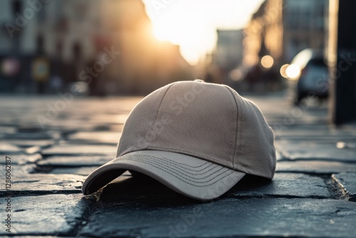 Stylish Cap on Cobblestone Street at Sunset with Soft Light photo