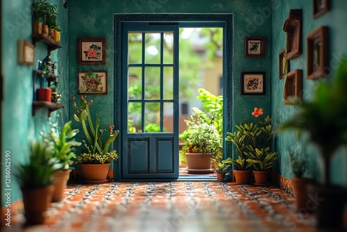 Miniature room interior with teal walls, terracotta floor tiles, potted plants, framed artwork, and a blue door opening to a sunlit outdoor space. The scene is meticulously detailed photo