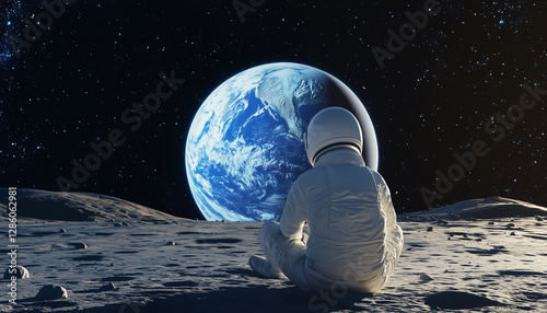 The Surreal of a traveler sitting on the moon, looking down at Earth.  Generative AI.