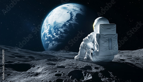 The Surreal of a traveler sitting on the moon, looking down at Earth.  Generative AI.