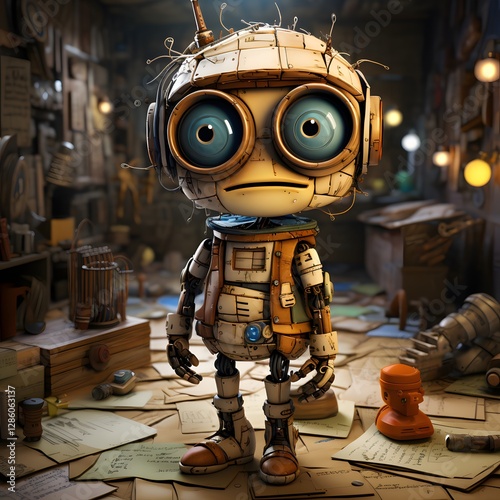 Imagine a mixed media artwork depicting a learning scene. This style is a combination of realistic touches. Character: Robot: The joints give off a comical, slightly unstable feeling