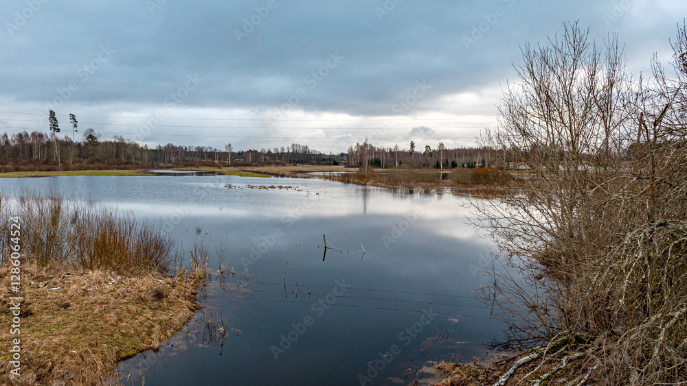latvian winter landscape with flooded lake, thin and light ice in places, reflections