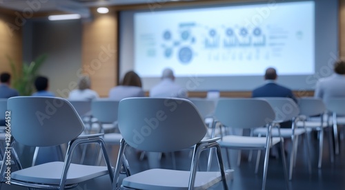 A group of people are sitting in a room with a large screen in the background. Concept of scientific presentation