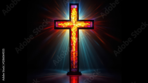 Colorful stained glass cross with a radiant halo effect on a dark background.
