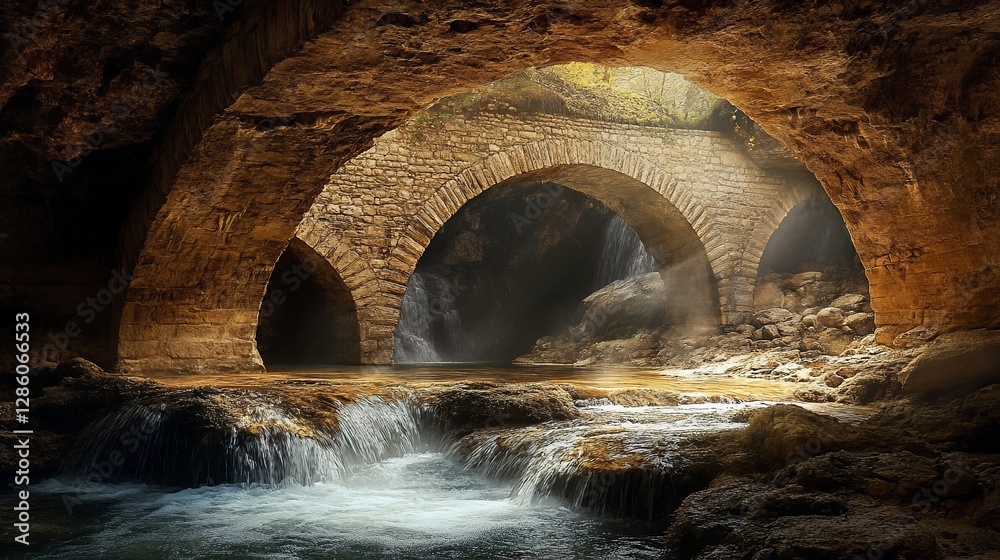 Fototapeta premium Ancient stone arches over a cascading waterfall in a mystical cave.