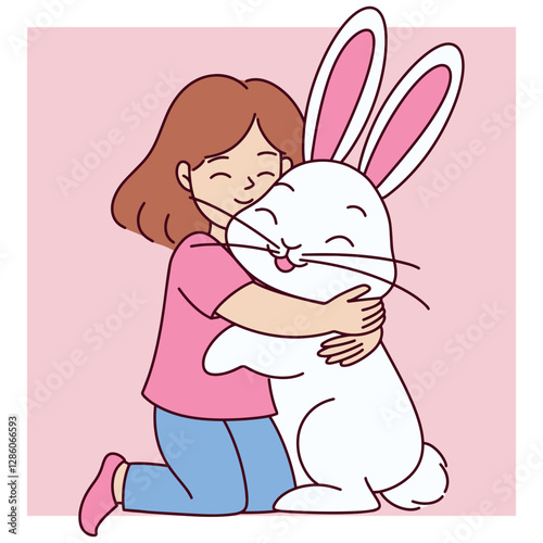 A young girl in a pink sweater and blue pants lovingly hugs a large white bunny, showing warmth and affection in a cute and wholesome illustration. Easter