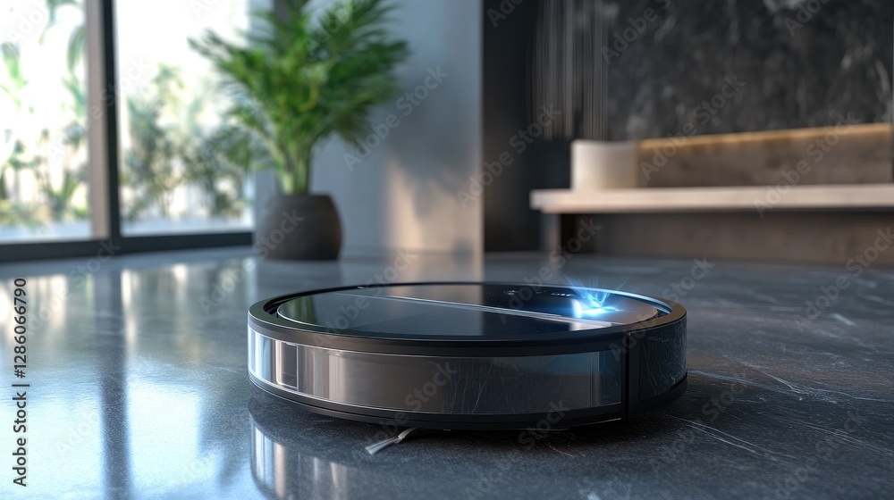 High-tech robot vacuum with a transparent dust bin showing collected debris High-tech robot vacuum with a transparent dust bin showing collected debris
