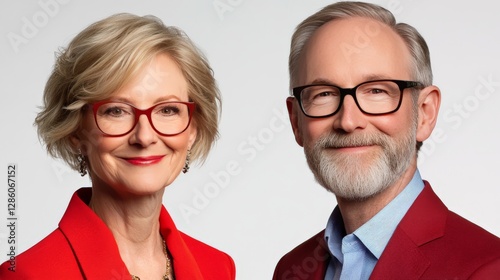 Elegant mature couple in red and black formal attire with stylish glasses and confident expressions against white background symbolizing class sophistication and lasting love