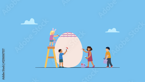Diversity children paint an egg together. Happy Easter scene with families, kids. Easter street event, festival and fair, banner, poster design.