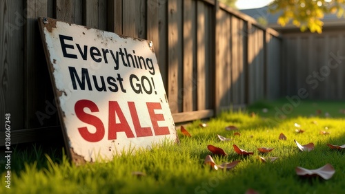Garage sale signs, A weathered garage sale sign leans against a fence in soft morning sunlight front view photorealistic 8K UHD.