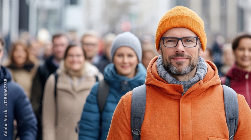 A confident man in an orange coat and hat stands out among a blurred crowd, showcasing individuality in a busy urban setting. A confident man in an orange coat and hat stands out among a blurred crowd, showcasing individuality in a busy urban setting.