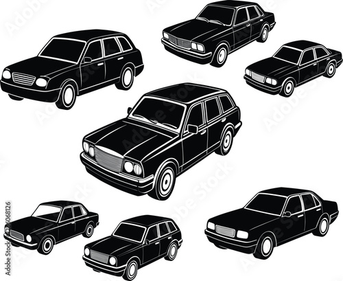 Collection of vintage car silhouettes in sleek vector style, ideal for automotive, retro, and transportation