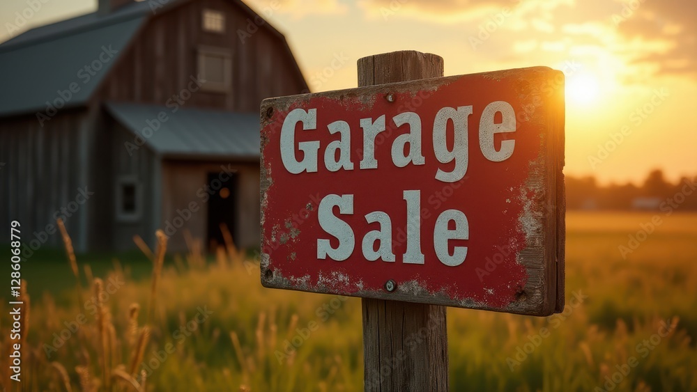 Garage sale signs, A weathered garage sale sign stands under sunset light near a rustic barn hyper-realistic textures 8K UHD Garage sale signs, A weathered garage sale sign stands under sunset light near a rustic barn hyper-realistic textures 8K UHD