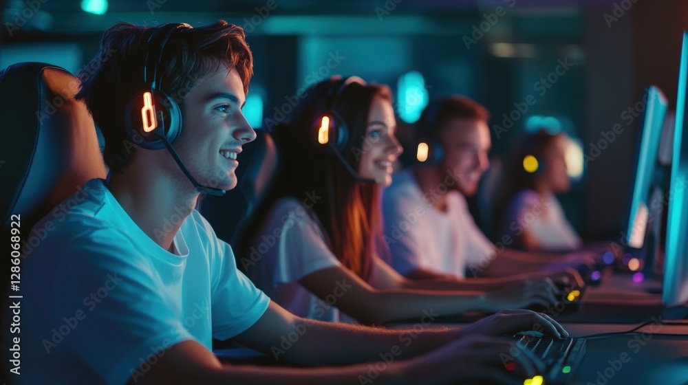 Obraz premium A group of gamers engaged in a competitive session, wearing headsets and focused on their screens in a vibrant, illuminated environment.