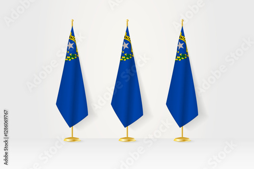Three Nevada flags in a row on a golden stand, illustration of press conference and other meetings.