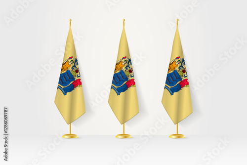 Three New Jersey flags in a row on a golden stand, illustration of press conference and other meetings.