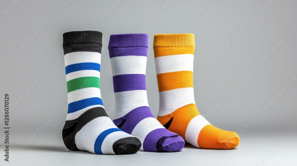 Colorful striped socks on grey background; e-commerce Colorful striped socks on grey background; e-commerce