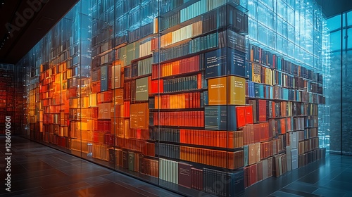 Vintage Book Collection Against Dark Wall, A large collection of vintage books stacked horizontally and vertically against a dark wall