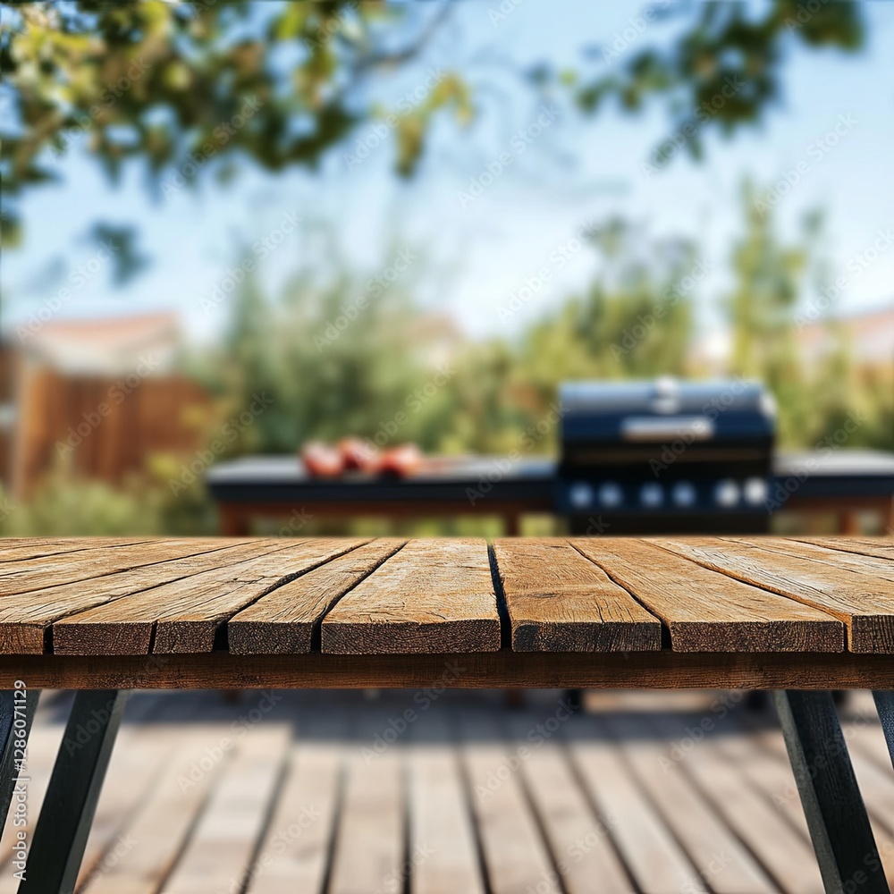 Empty wood table with blur BBQ space for background with generative ai Empty wood table with blur BBQ space for background with generative ai