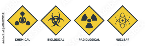 Chemical, biological, radioactive and nuclear icons. CBRN defense signs. Warfare symbols for military corps. Set of yellow diamond warning pictograms isolated on a white background.