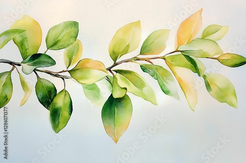Watercolor Illustration of Green and Yellow Leaves on Branch