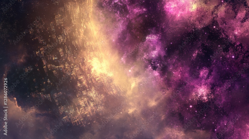 Naklejka premium A galactic metropolis constructed within a nebula, its futuristic skyline glowing with cosmic light