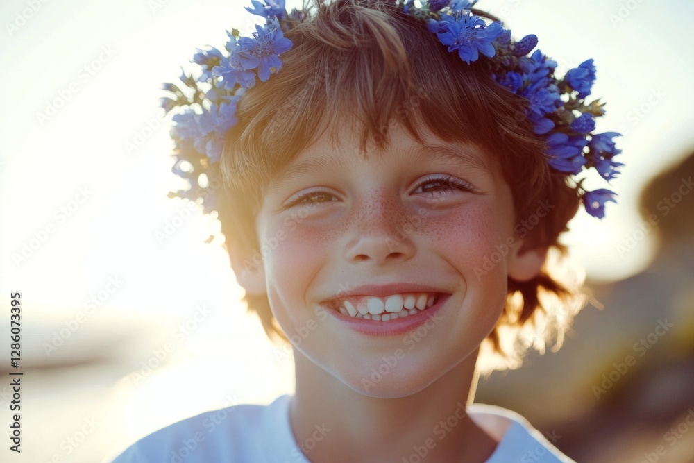 Golden hour in sunset. Happy summertime holidays conceptual art. Happy caucasian child boy with brown hair wearing blue flower crown on his head. Boy with bright summer energy. Golden hour in sunset. Happy summertime holidays conceptual art. Happy caucasian child boy with brown hair wearing blue flower crown on his head. Boy with bright summer energy.