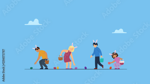 Happy diversity children hunting easter eggs. Kids on Easter egg hunt in garden. Children searching for colorful eggs. Boys and girls play outdoors. Set of characters.