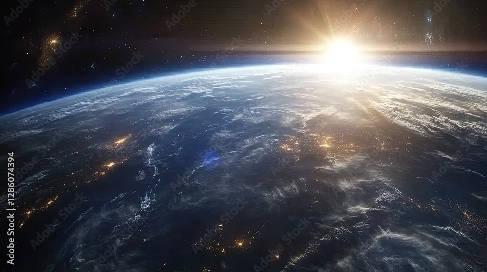 Panoramic view of Earth from space with glowing lights and soft clouds Panoramic view of Earth from space with glowing lights and soft clouds